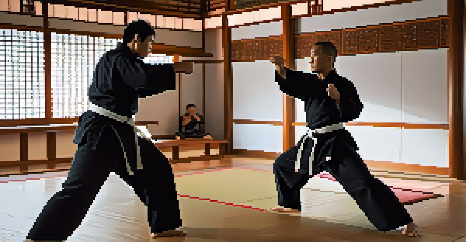 Two people engaged in a self-defense training session inside a dojo, showcasing focus and discipline.