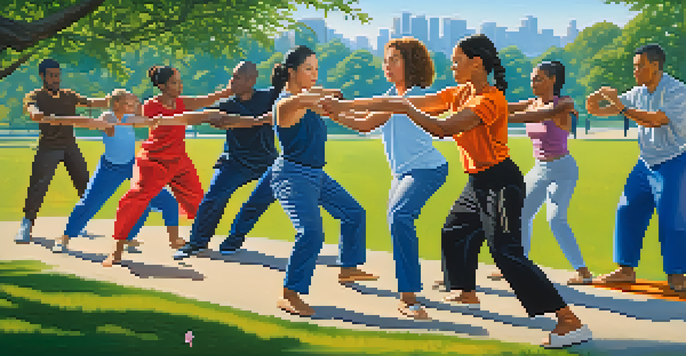 A diverse group of individuals practicing self-defense in a park, demonstrating various techniques with expressions of concentration.