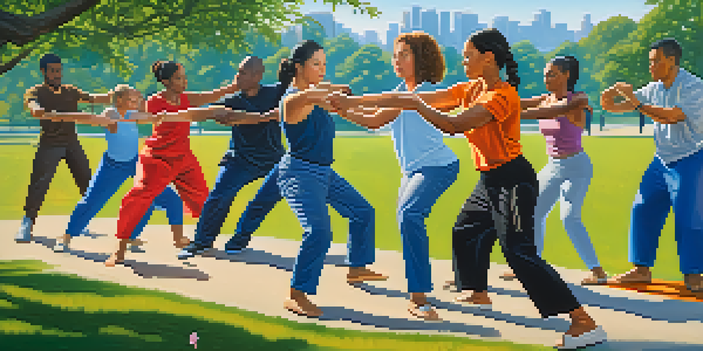 A diverse group of individuals practicing self-defense in a park, demonstrating various techniques with expressions of concentration.