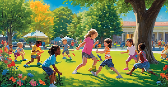 Children of diverse backgrounds practicing self-defense in a park, acting out a scenario with a stranger.