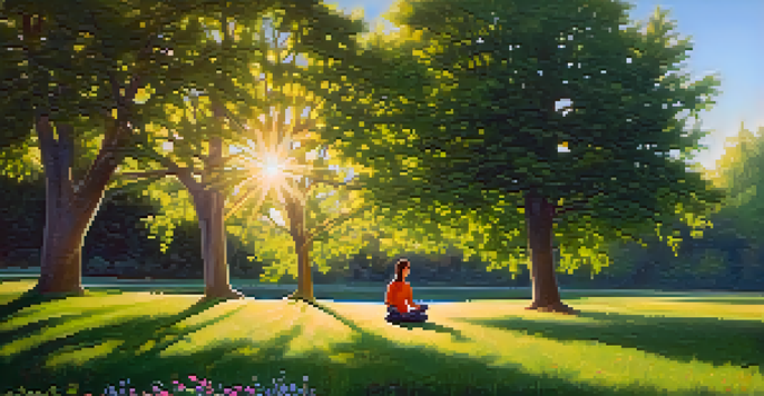 A person meditating in a peaceful park surrounded by flowers and trees, with sunlight filtering through the leaves.