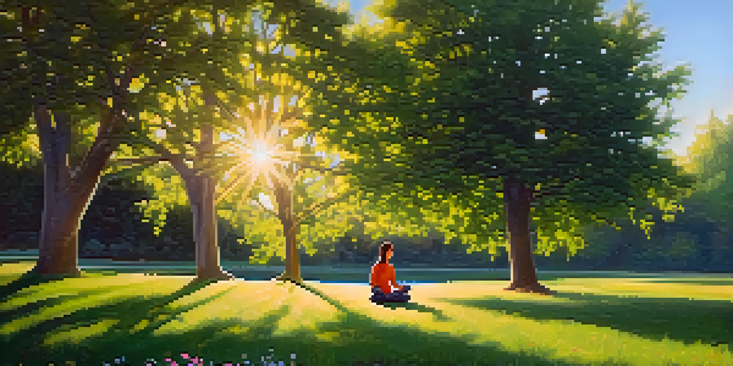 A person meditating in a peaceful park surrounded by flowers and trees, with sunlight filtering through the leaves.