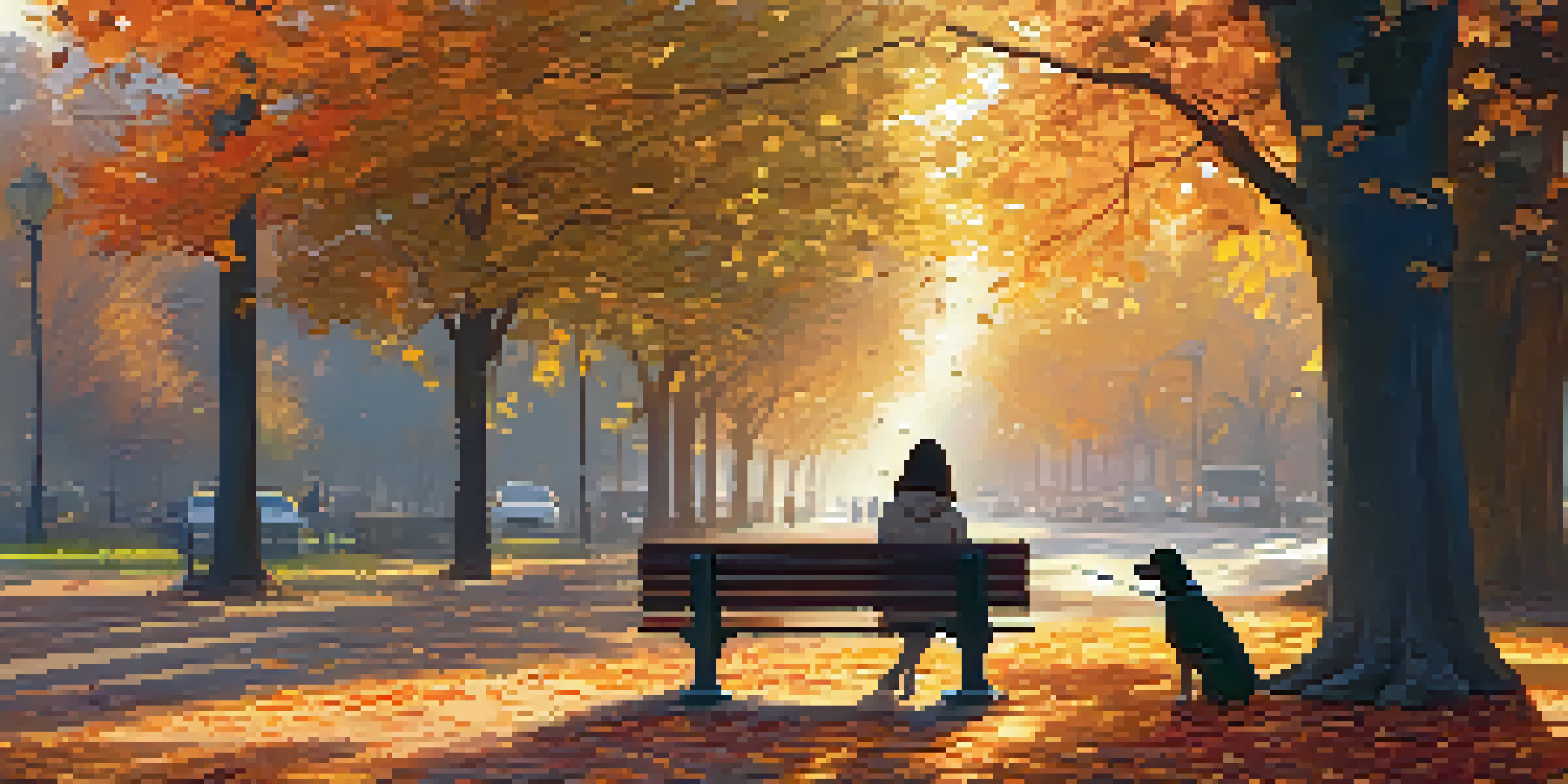 A peaceful park with a woman reading on a bench and a dog playing among colorful autumn leaves.