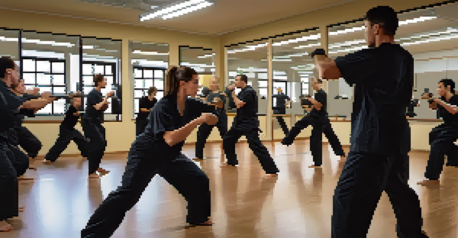 An indoor self-defense class where students are practicing techniques under the guidance of an instructor, with mirrors and motivational posters in the background.