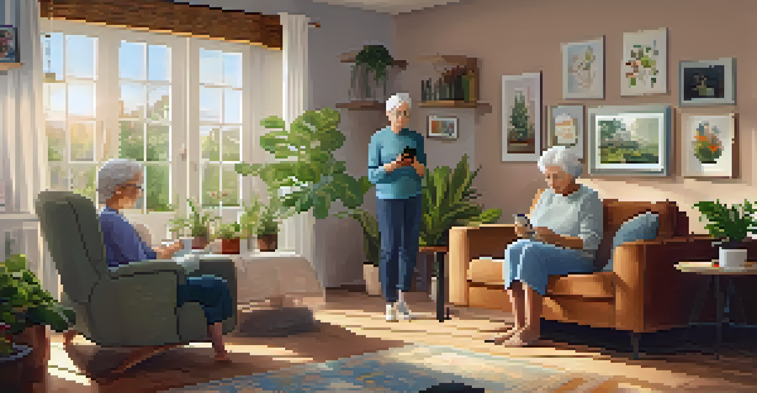 An elderly woman in a cozy living room using a smartphone, looking confident while exploring safety apps.