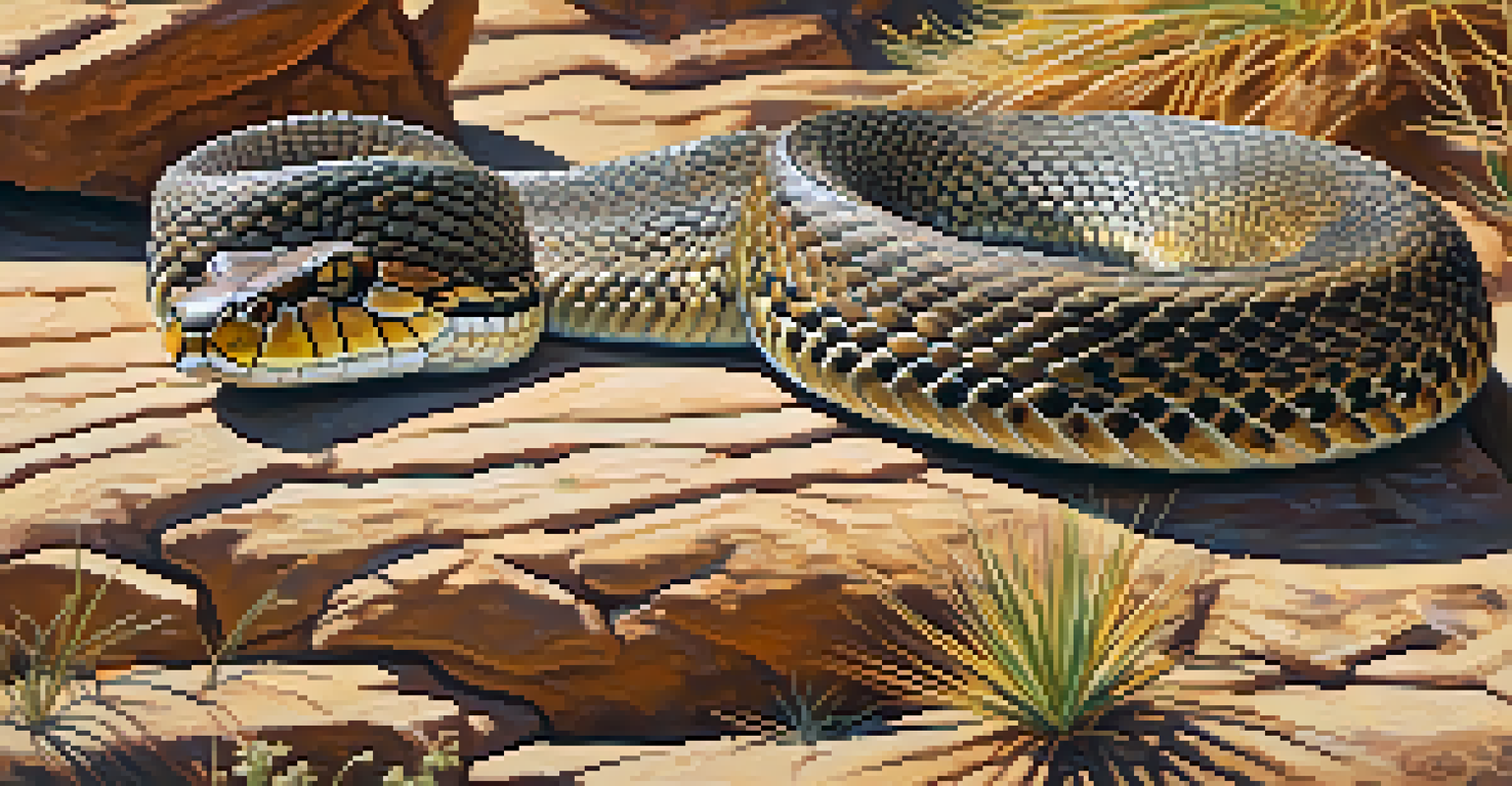 A rattlesnake resting on a warm rock with detailed scales, surrounded by soft-focus desert plants.