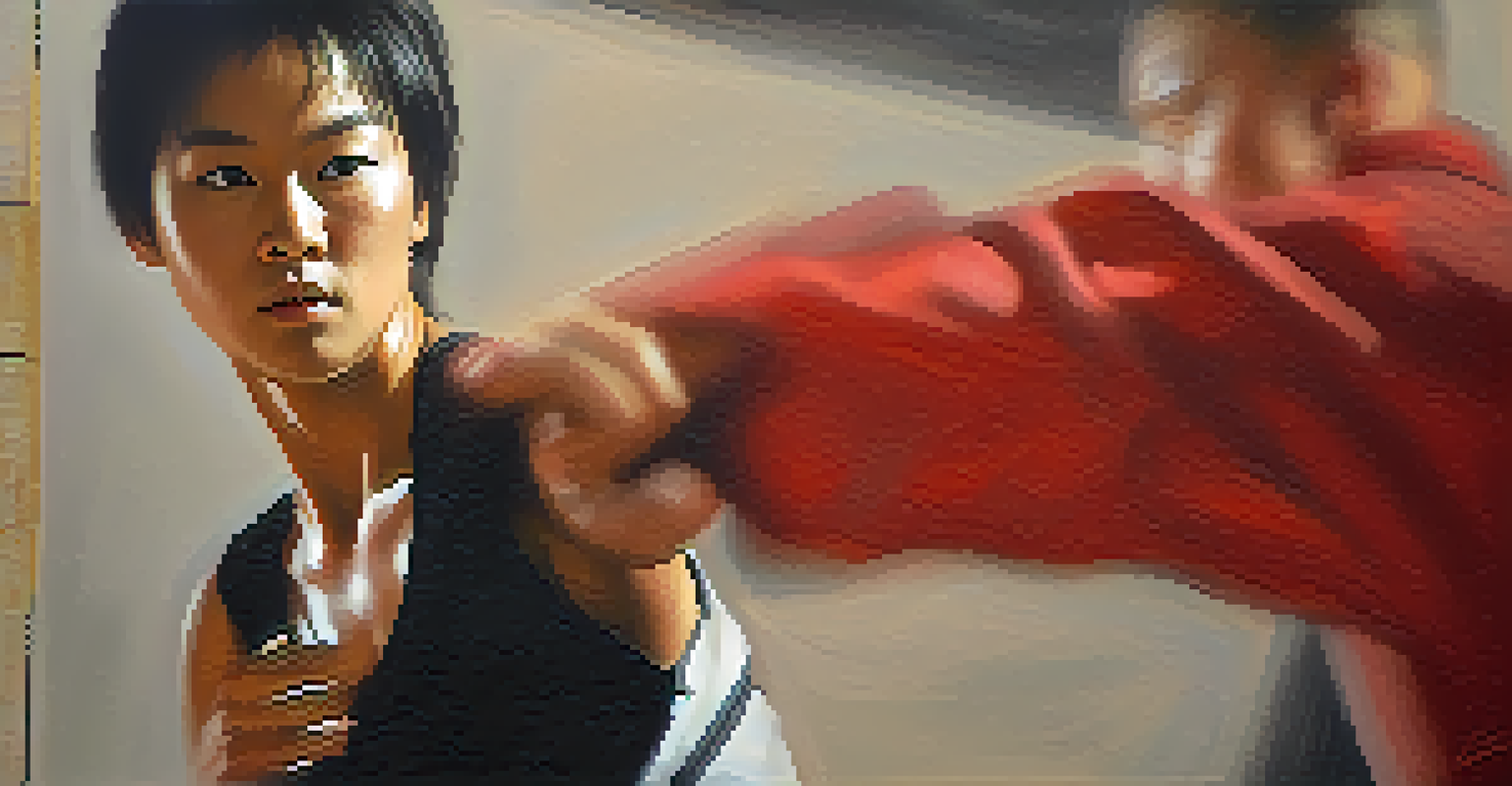 Close-up of a martial artist practicing self-defense moves, highlighting their focused expression and dynamic footwork.