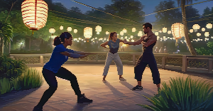 A diverse group of people practicing self defense techniques in a park at twilight, with a woman demonstrating a palm strike.