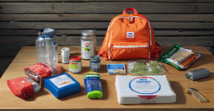 An organized emergency survival kit on a wooden table, showcasing food, water, and tools.