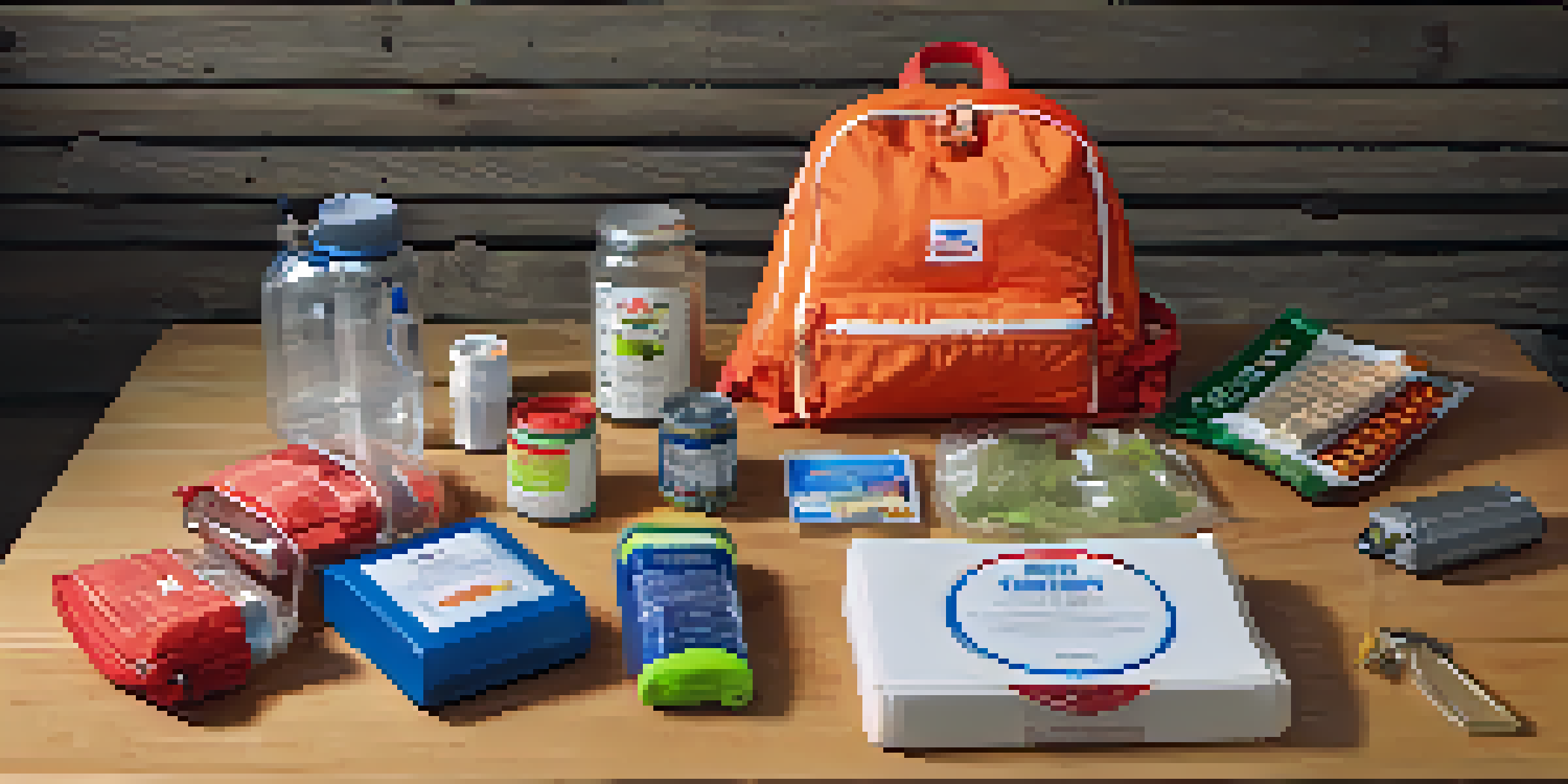 An organized emergency survival kit on a wooden table, showcasing food, water, and tools.
