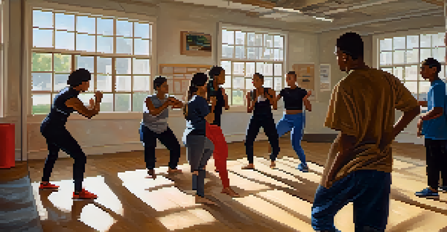 A small group in a self-defense workshop indoors, practicing de-escalation techniques with a focus on safety awareness.