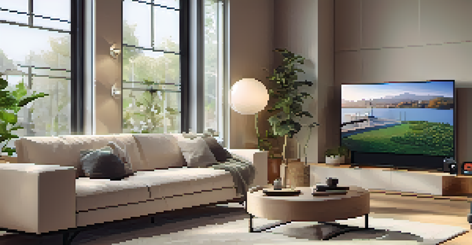 A contemporary living room showcasing smart home security gadgets, including a smart camera, smart alarm, and smart lock, with warm lighting and comfortable furniture.
