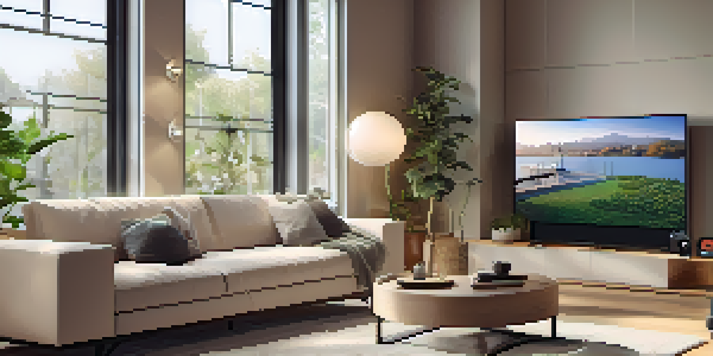 A contemporary living room showcasing smart home security gadgets, including a smart camera, smart alarm, and smart lock, with warm lighting and comfortable furniture.