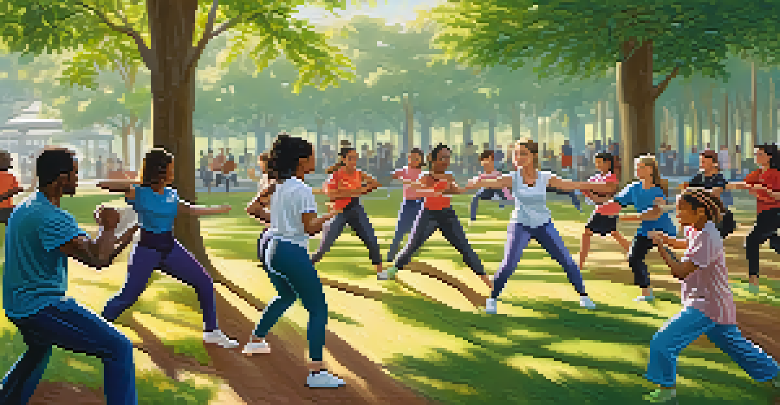 A self-defense class in a park with diverse participants practicing techniques under sunlight.