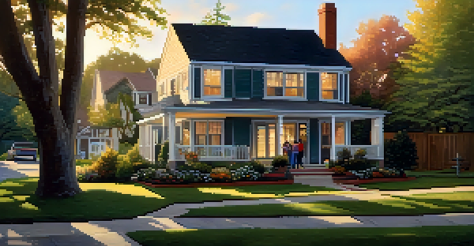 A warm suburban neighborhood at sunset, showcasing a family on the porch of their home with a lush front yard.