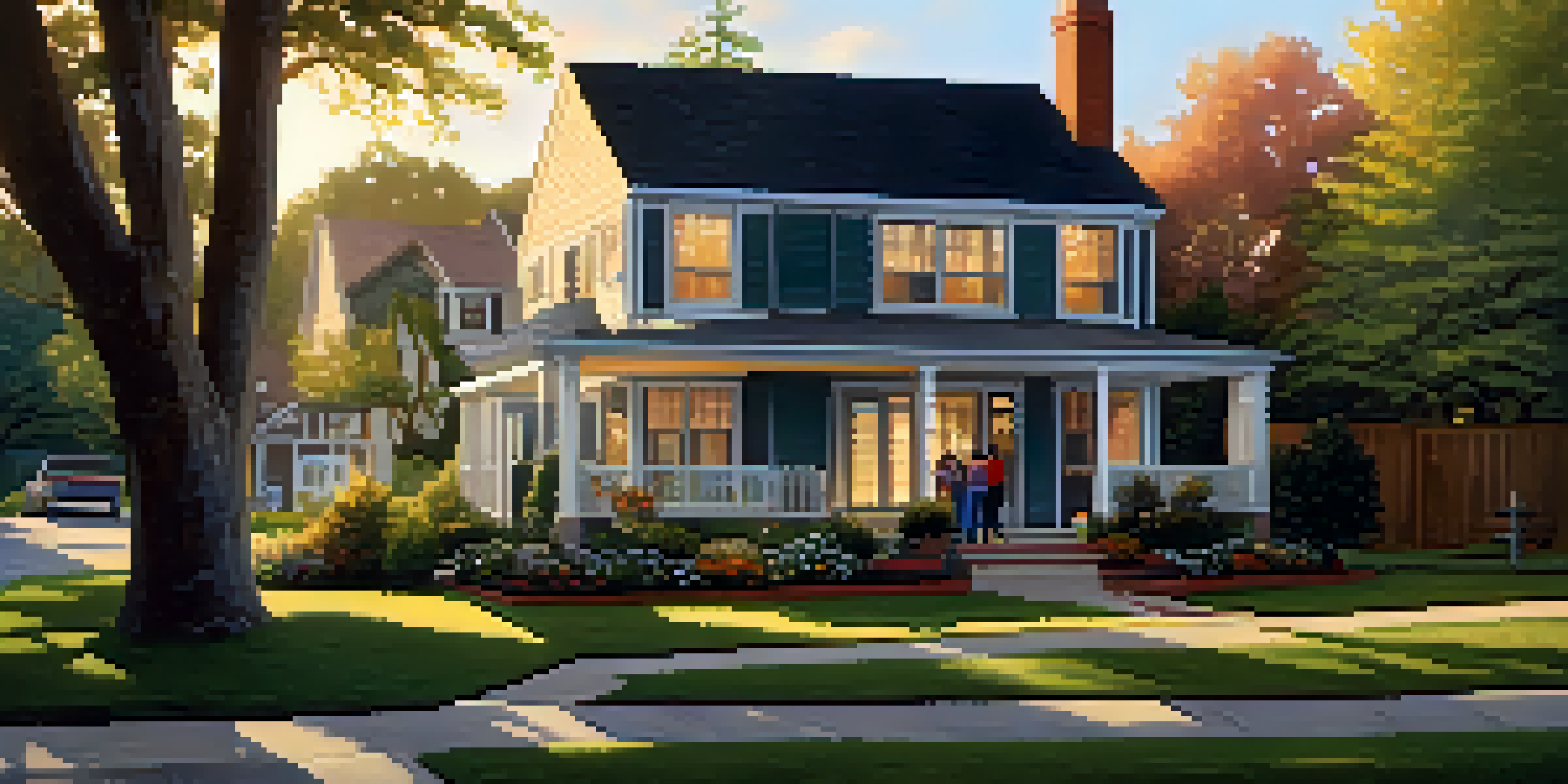 A warm suburban neighborhood at sunset, showcasing a family on the porch of their home with a lush front yard.