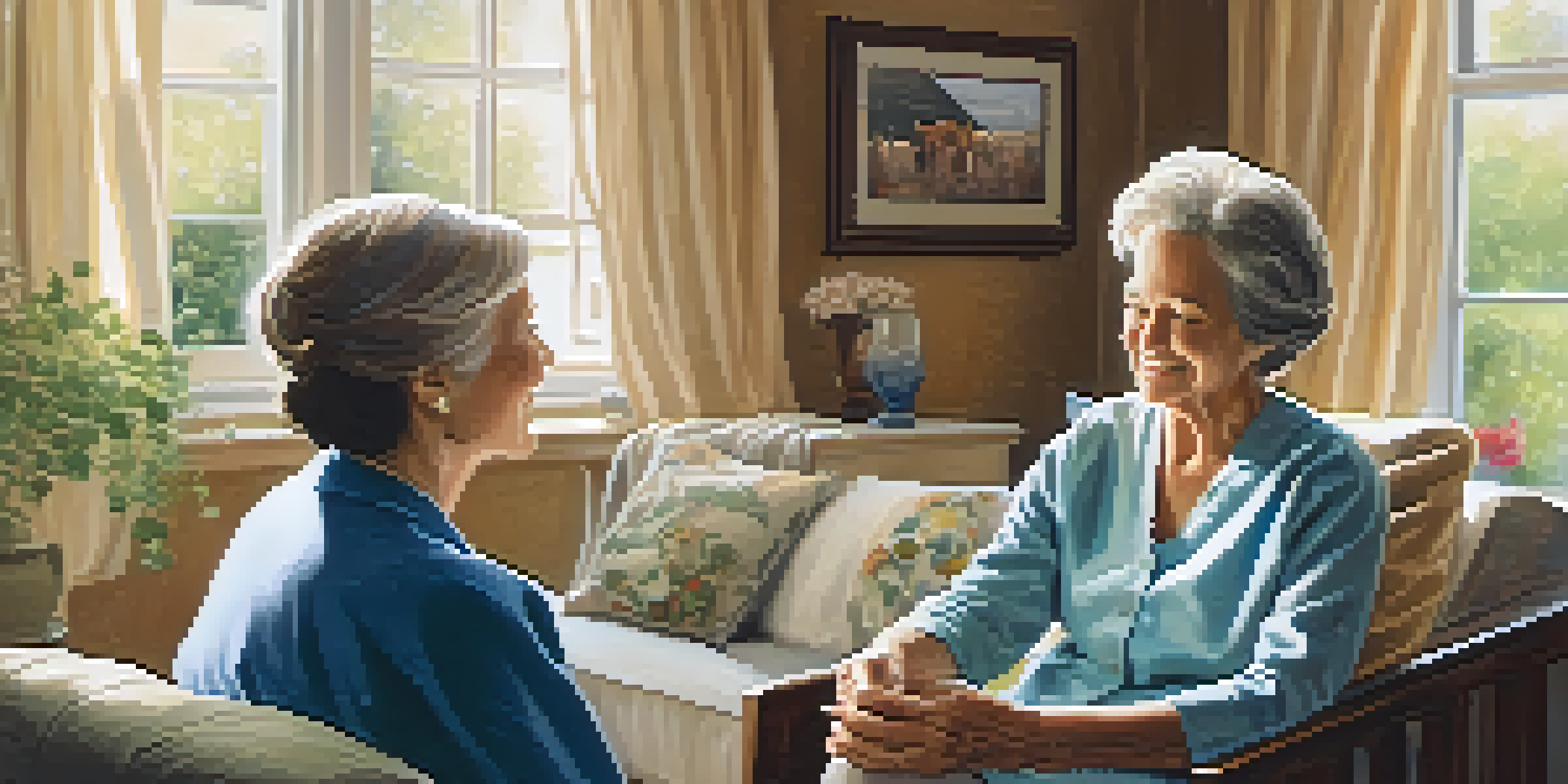 A caregiver watching over an elderly patient in a cozy living room filled with sunlight and family photos.