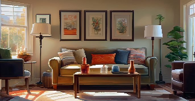 A warm and inviting living room with a pepper spray canister on a side table, brightened by natural light.