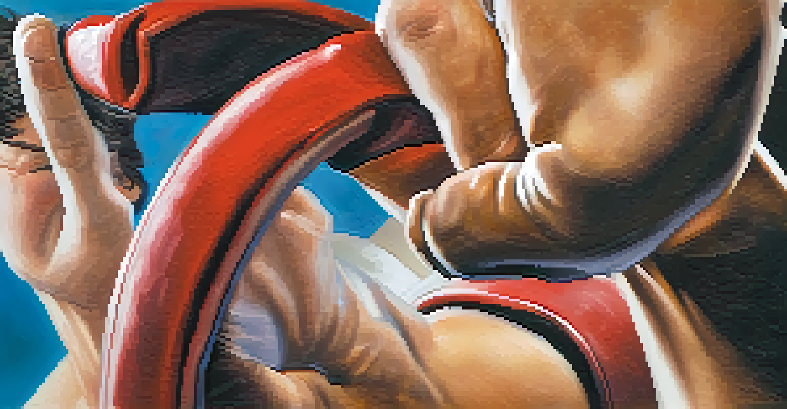 Close-up of hands hitting a training pad during self-defense practice, showing intensity and focus.