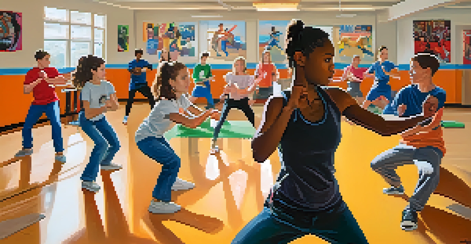 A group of diverse teenagers in a self-defense class, practicing assertive moves and body language in a bright room.