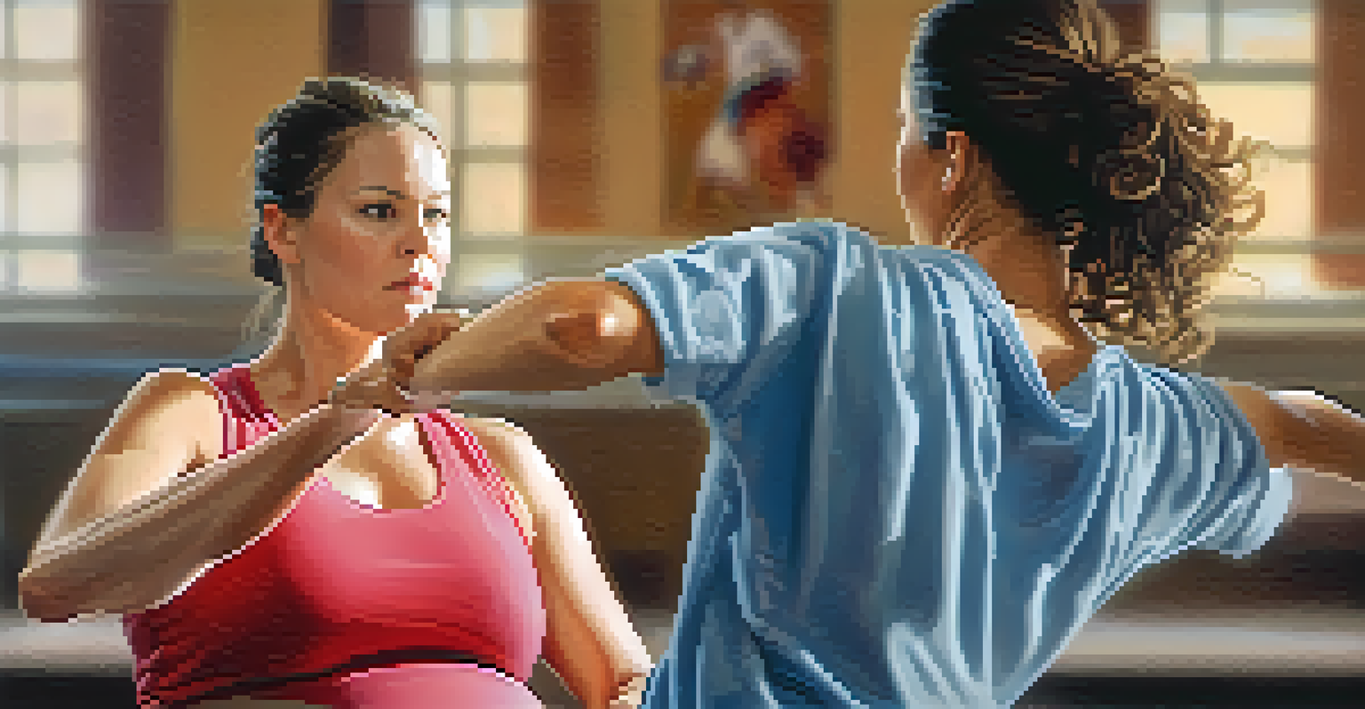 Close-up of a pregnant woman's hands practicing self-defense, showing her determination in a self-defense class setting.