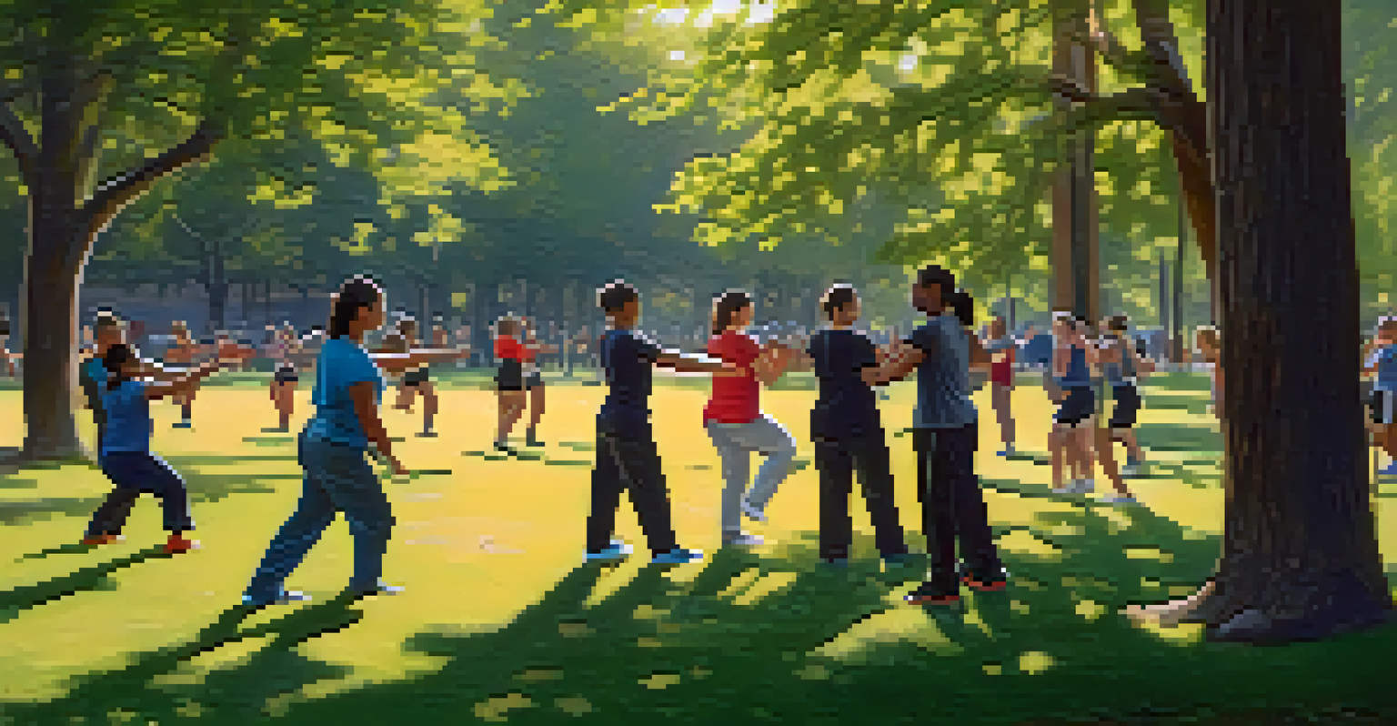 A group of people practicing self-defense techniques in a sunny park.