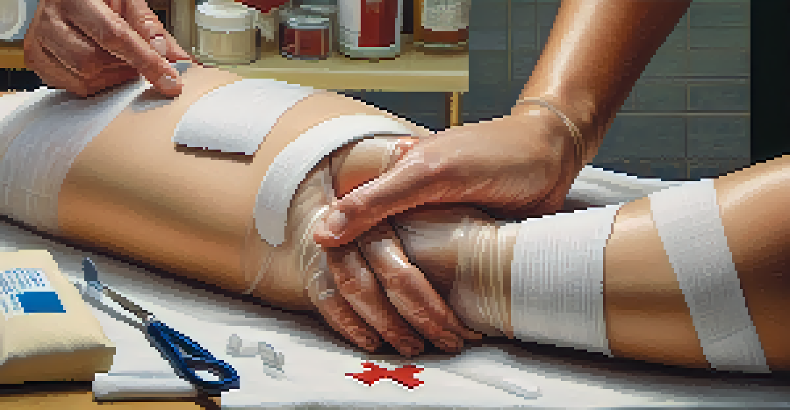 A close-up of hands applying a bandage on a simulated injury, with first aid tools in a soft, well-lit setting.