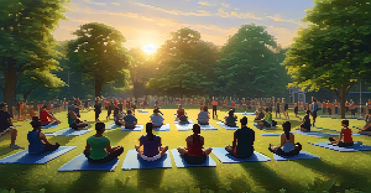 An outdoor self-defense class in a park with participants engaged in a group exercise, surrounded by greenery and a sunset.