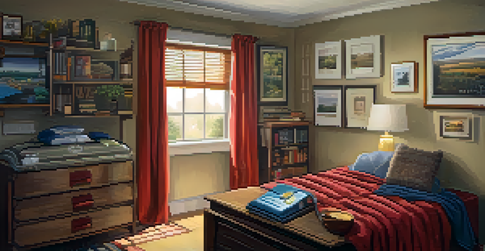 A cozy indoor safe space with an emergency kit, blankets, family photos, and warm lighting.