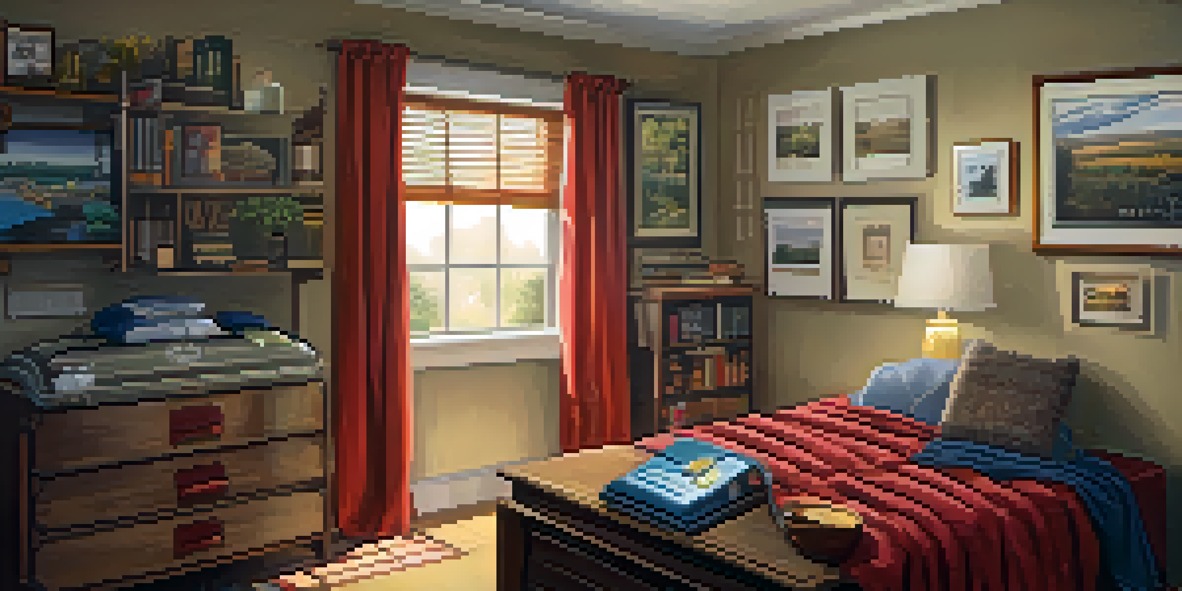 A cozy indoor safe space with an emergency kit, blankets, family photos, and warm lighting.