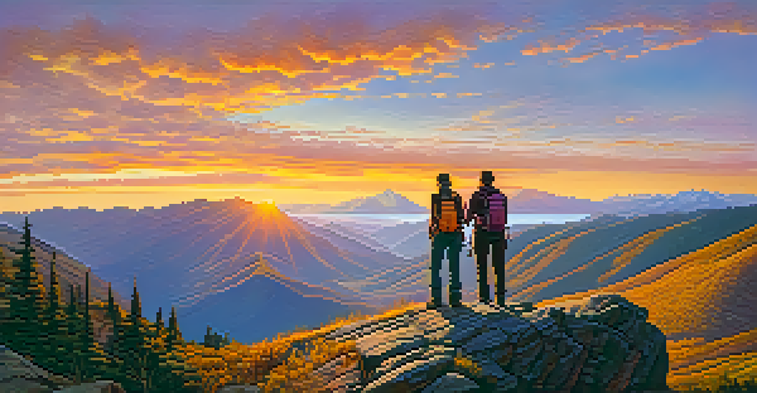 Two hikers on a cliff at sunset, one pointing towards the horizon and the other taking a picture, with mountains and valleys in the background.
