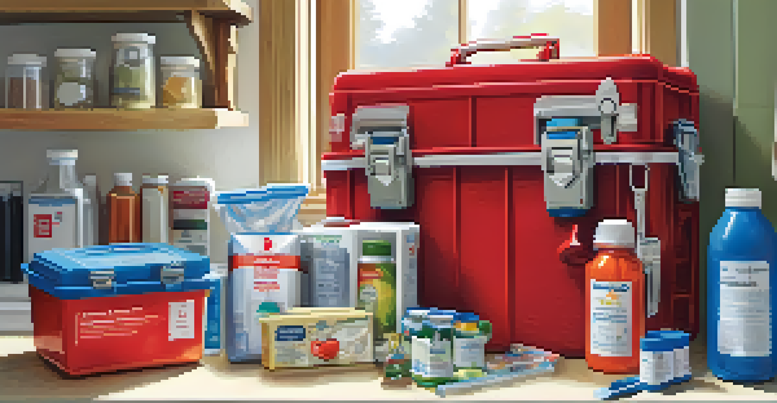 An organized emergency kit on a kitchen counter, showcasing essential supplies like water, food, and first-aid items.