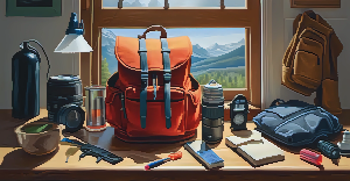 A traveler packing a sturdy backpack with self-defense gear on a wooden table, illuminated by natural light.
