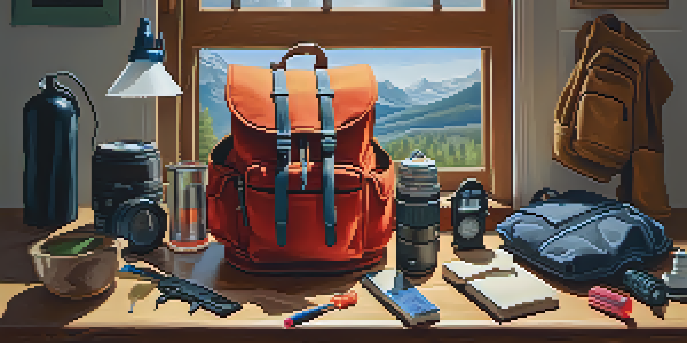A traveler packing a sturdy backpack with self-defense gear on a wooden table, illuminated by natural light.