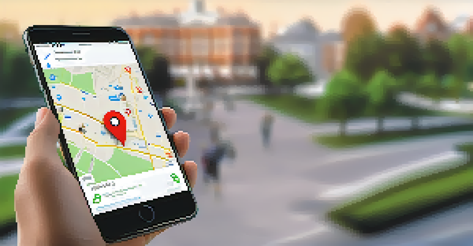 A hand holding a phone showing a safety app in a park setting.