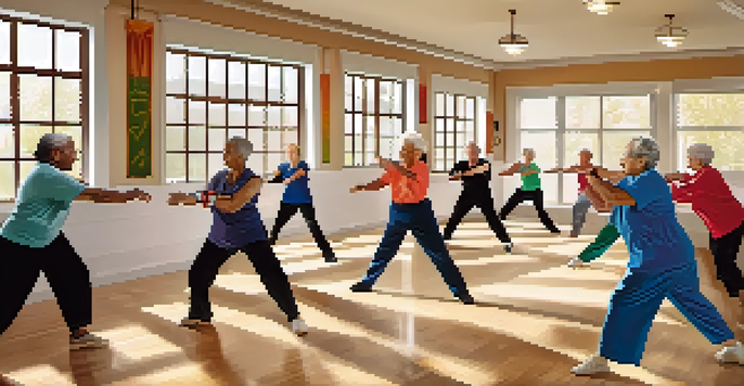 A diverse group of senior citizens practicing self-defense techniques in a bright community center, guided by an instructor.