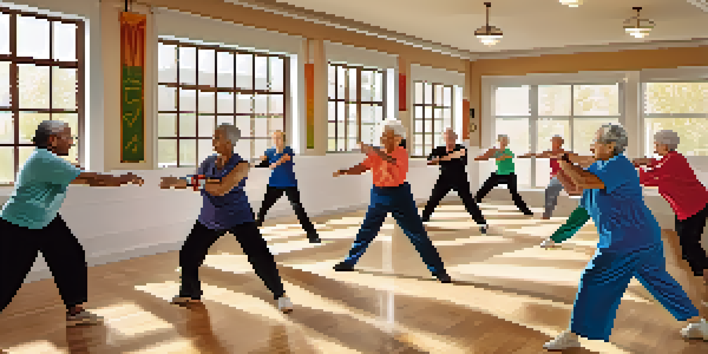 A diverse group of senior citizens practicing self-defense techniques in a bright community center, guided by an instructor.