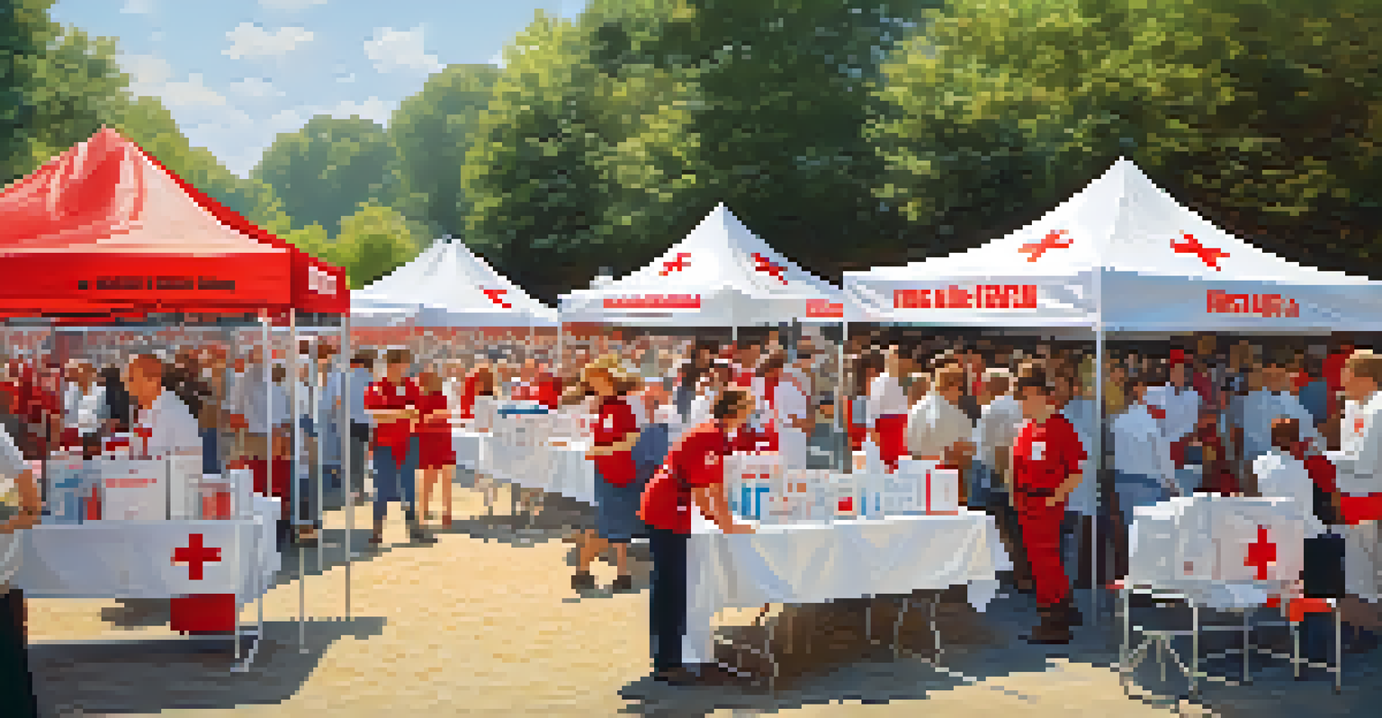 A close-up of a well-organized first aid station with medical supplies and a volunteer at an outdoor event.