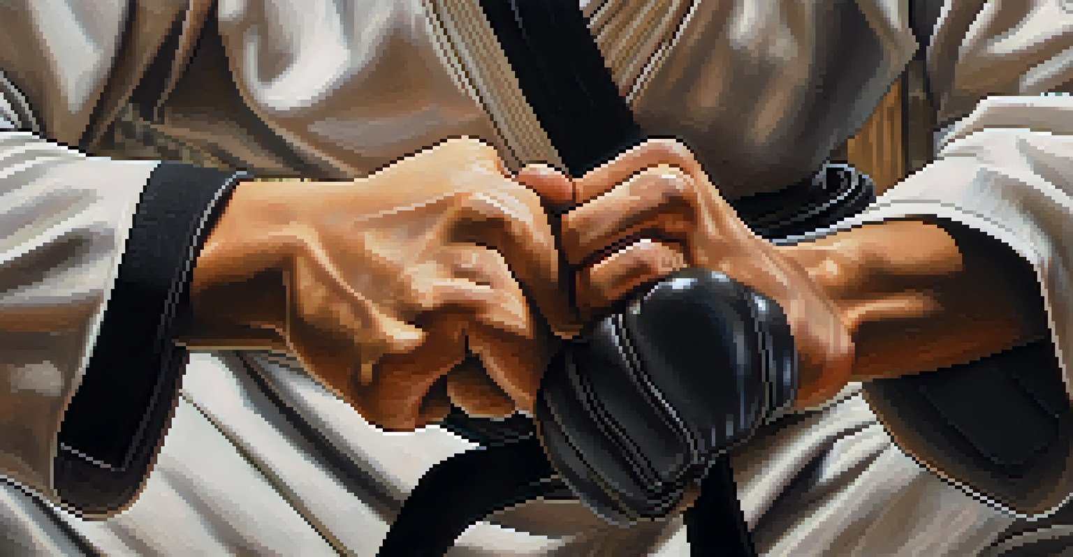 A close-up of hands practicing self-defense grips, highlighting the textures of martial arts gloves and the focused expression of the participant.