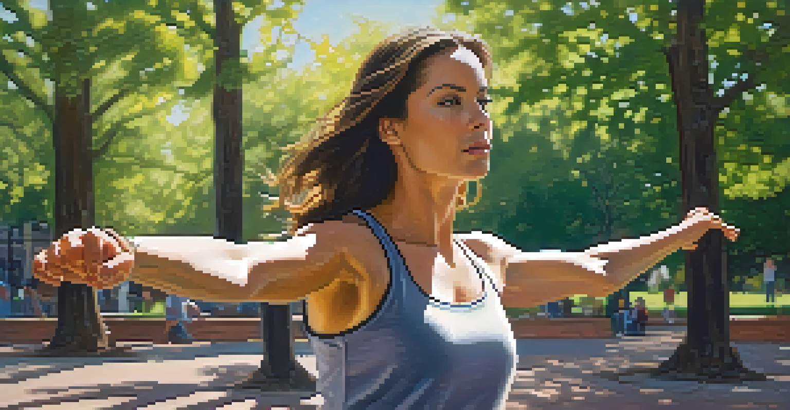 A woman confidently demonstrating a self-defense move in an urban park, surrounded by blooming flowers and greenery.