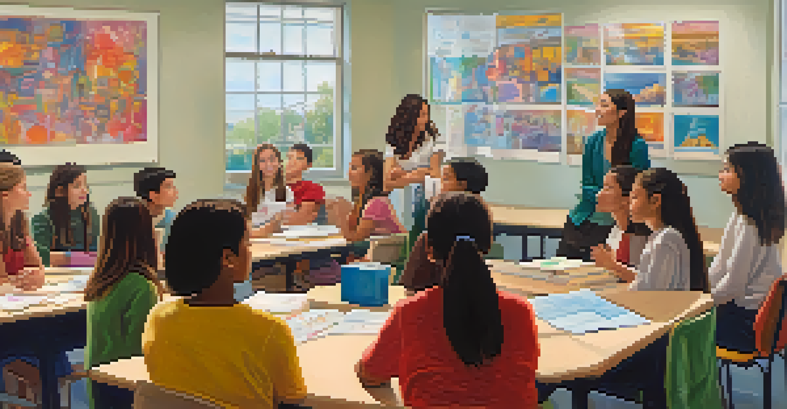 A classroom filled with students and a teacher conducting a Nonviolent Communication workshop, surrounded by colorful educational posters.