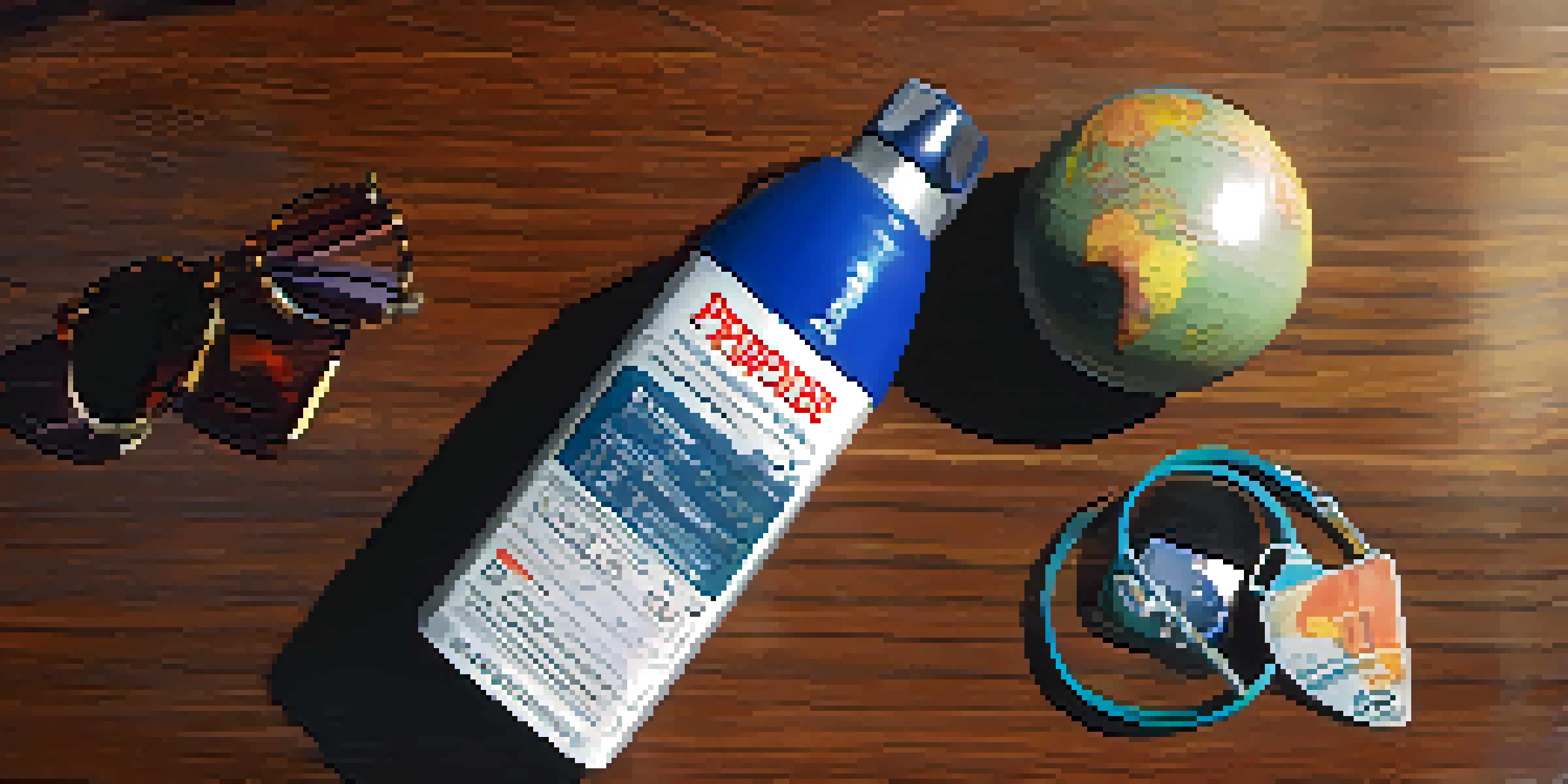 A close-up of a pepper spray canister on a wooden table with travel essentials like a passport and sunglasses.