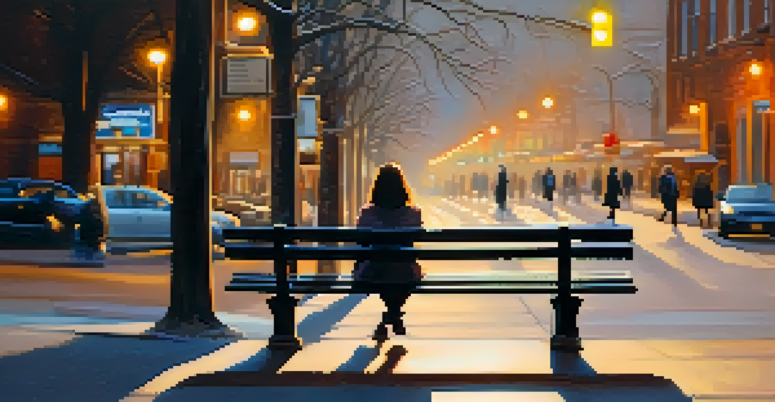 A solitary person sitting on a bench in an urban area, lost in thought, surrounded by blurred figures of others socializing, during sunset.