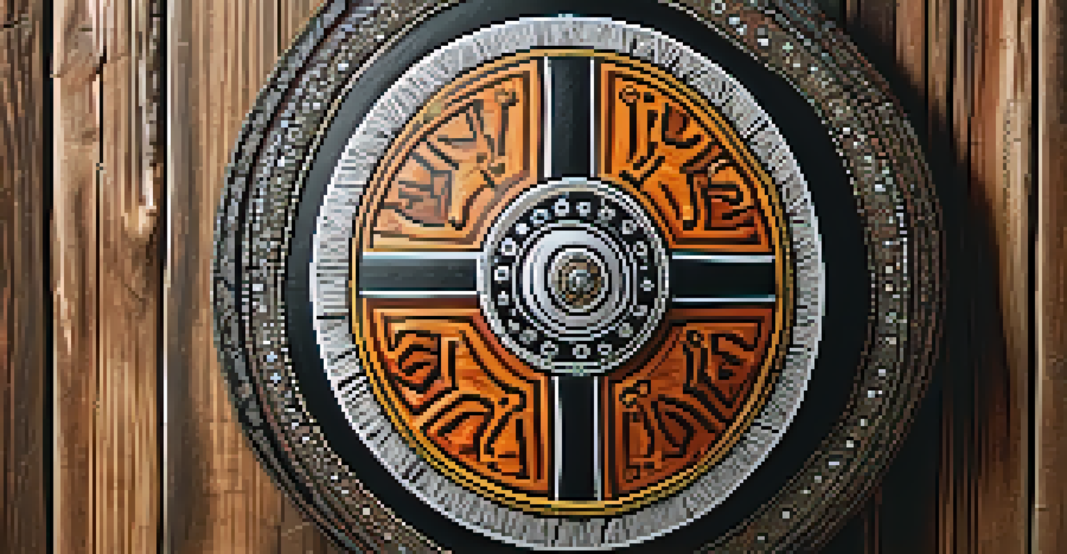 A close-up view of a beautifully crafted African shield with traditional patterns, set against a rustic wooden background.