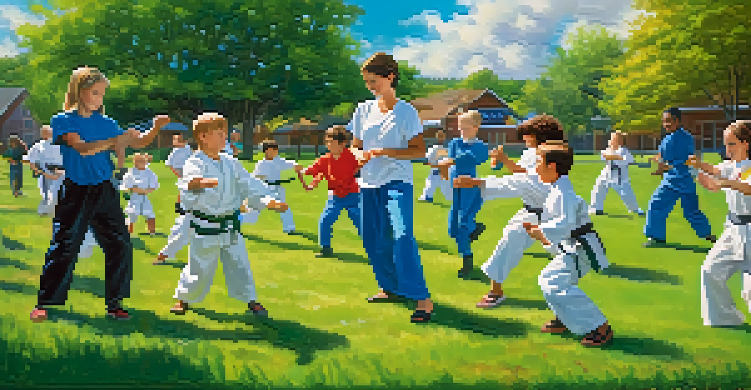 Kids practicing self-defense outdoors on a grassy field with a smiling instructor, under a bright blue sky.