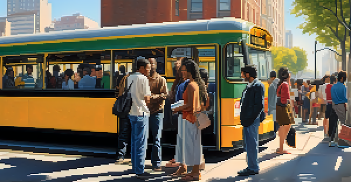 A bustling urban bus stop with diverse passengers waiting, sunlight casting soft shadows.