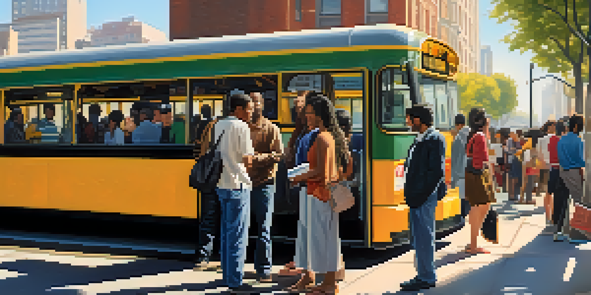 A bustling urban bus stop with diverse passengers waiting, sunlight casting soft shadows.