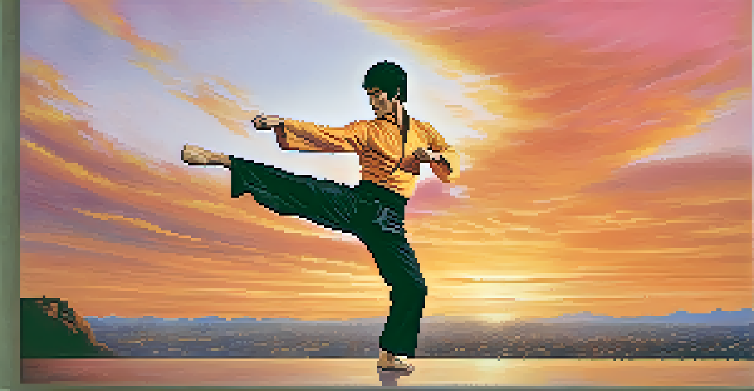 Bruce Lee performing a high kick against a colorful sunset sky.