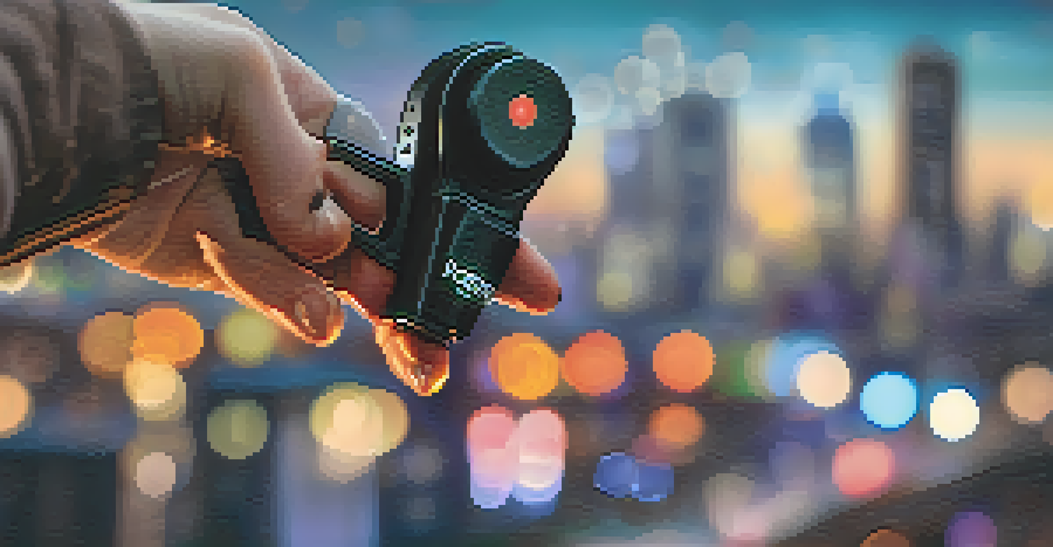 A close-up of a woman’s hand holding a personal safety device against a blurred urban background at dusk.