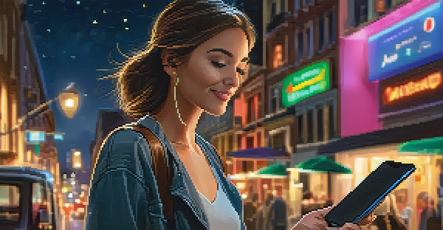 A woman confidently exploring a city street at night, using a smartphone with a safety app, surrounded by colorful city lights and lively cafes.